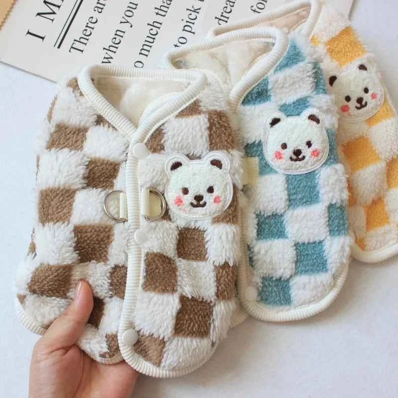 Plaid cat sweater vests in multiple colors, with bear patches and button front