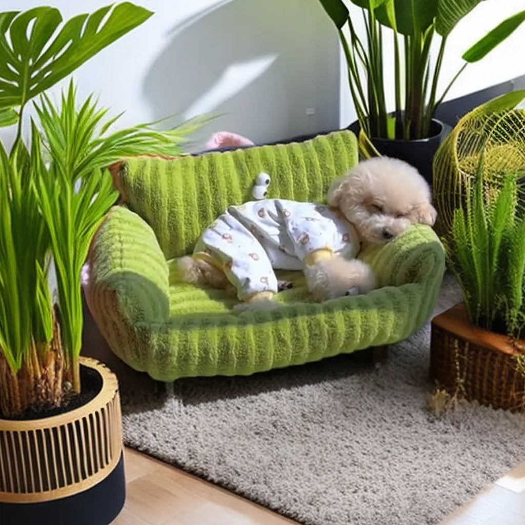 Plush winter pet sofa bed in grass green corduroy, with cartoon face