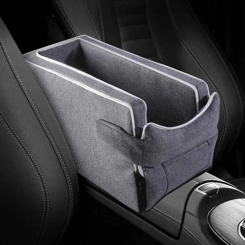 Grey car center console pet bed with white edging, structured walls and side pocket