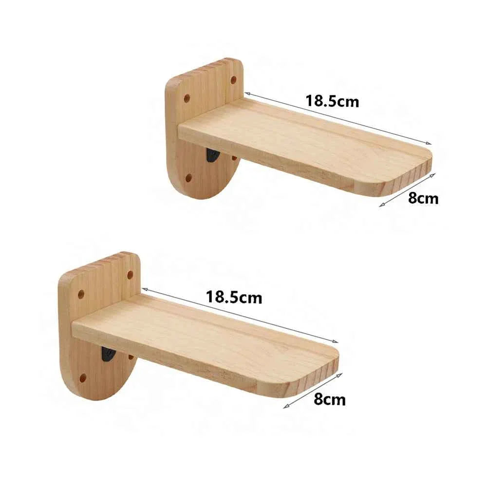Wall-mounted cat climbing rope with long wooden ledge and rounded side bracket