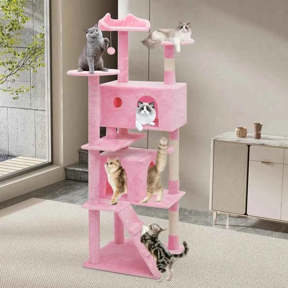 Pink indoor cat tree beside window with scratching posts and hideaway condo; cats
