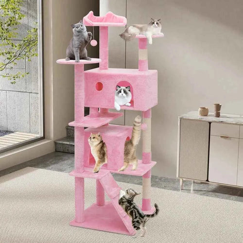 Pink indoor cat tree beside window with scratching posts and hideaway condo; cats