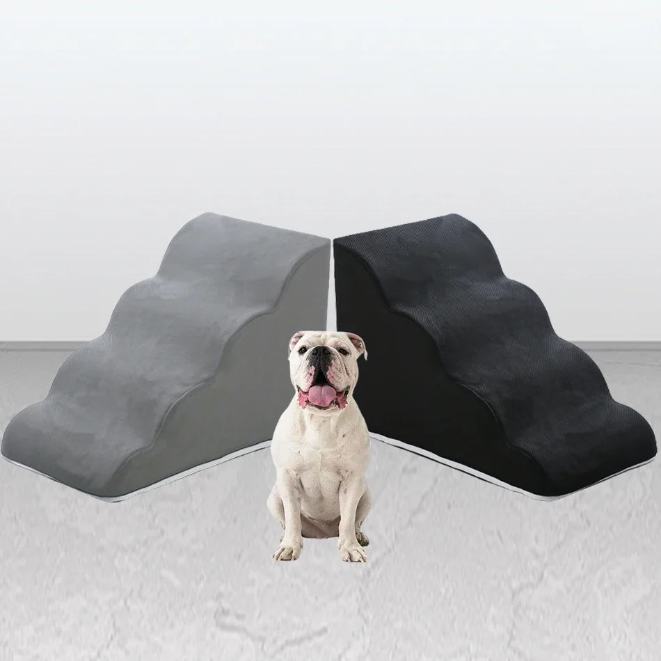 Light grey and black pet ramp with three-step stairs and non-slip surface