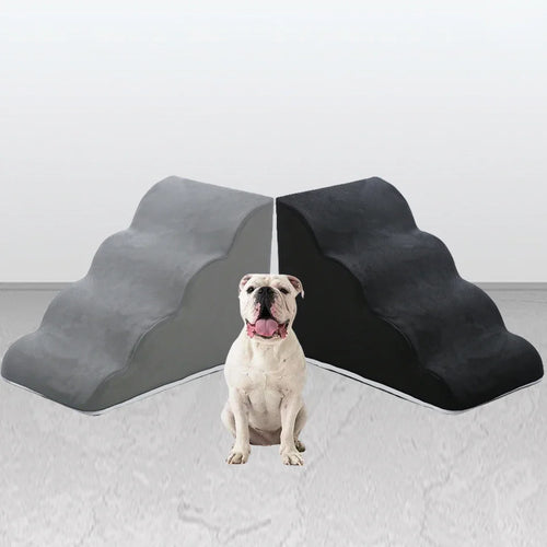 Light grey and black pet ramp with three-step stairs and non-slip surface
