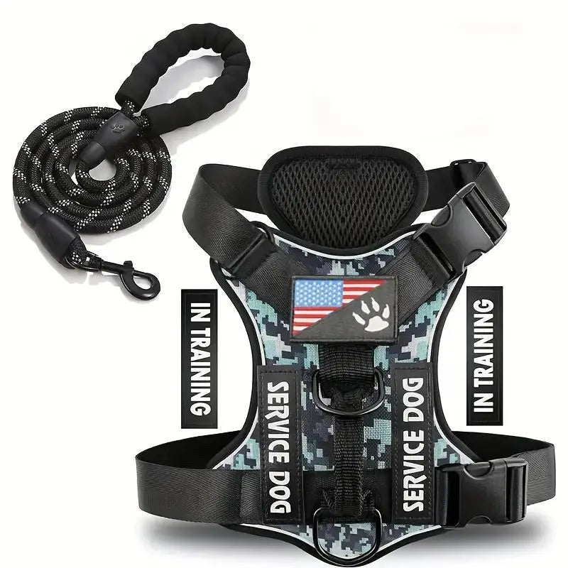 Gray camo dog vest harness with padded mesh chest and black coiled leash rope