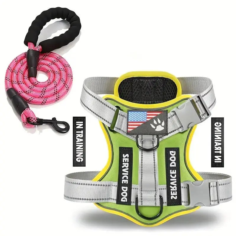 Lime dog vest harness with yellow trim, padded mesh chest, and pink coiled leash rope