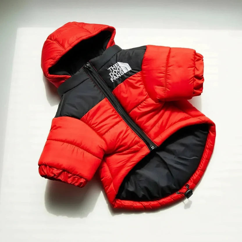 Red and black puffy dog vest jacket with hood, full zipper closure