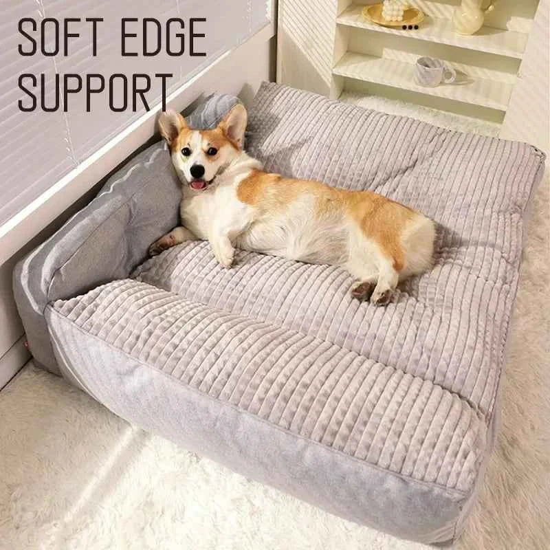 Grey pet cushion bed with striped waffle texture panels and thick supportive sides