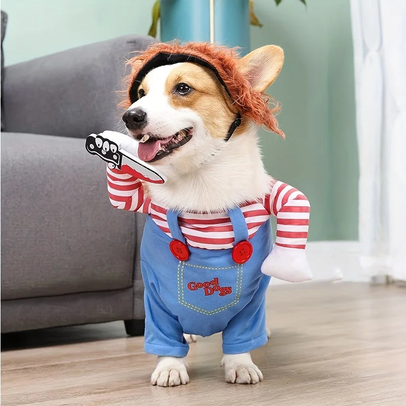 Pet dog costume with blue overalls, red striped sleeves, orange wig, toy knife prop.