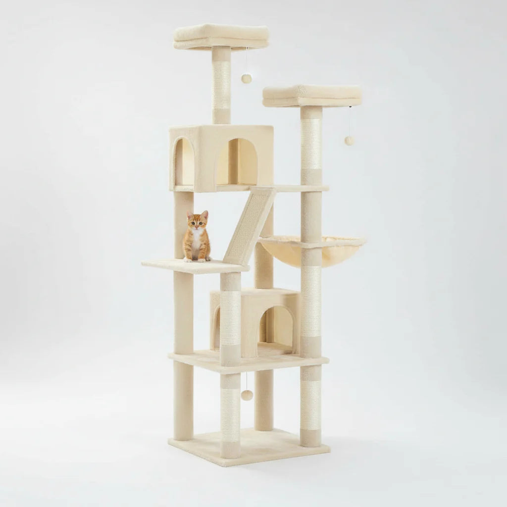 Cream cat tree with stacked condos, platforms, scratching posts, and two top perches