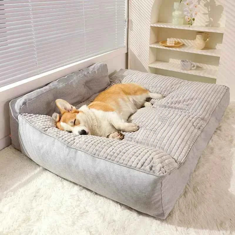 Grey pet sofa cushion bed mat with raised woven texture top and plush padded frame