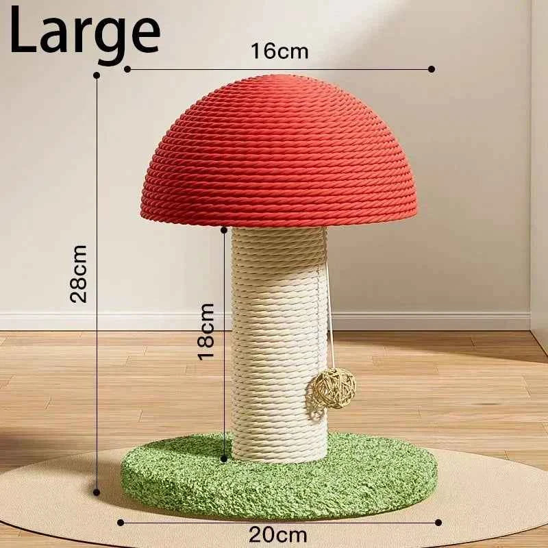 Large mushroom cat scratching board: red cap, beige sisal post, green base (28cm).