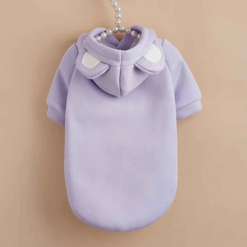 Lavender pet hoodie sweater with hood, pointed ears, and white oval accents
