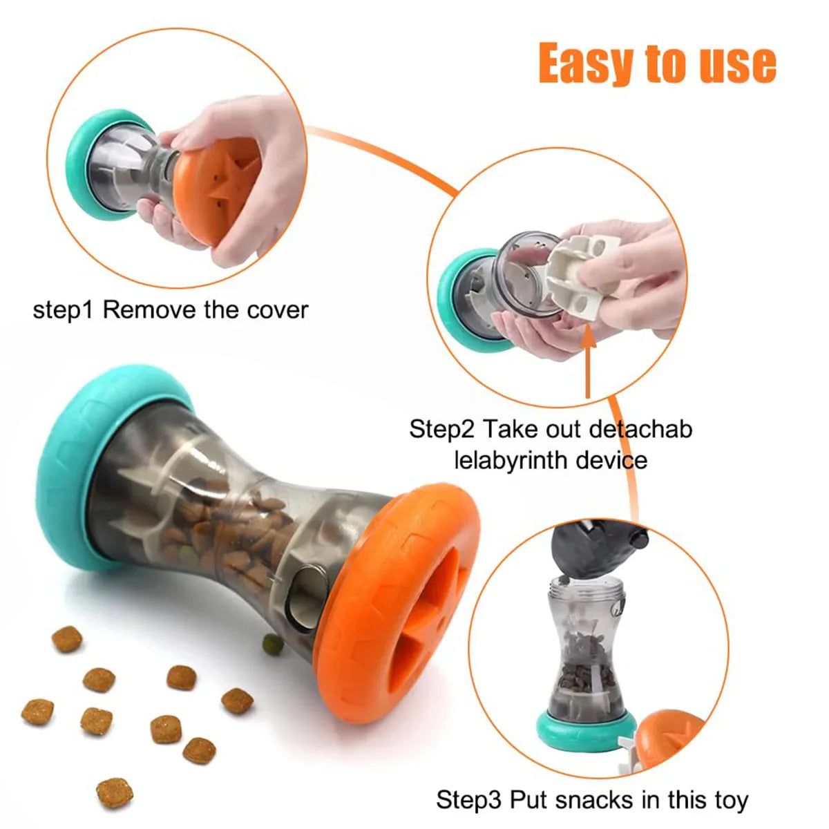 Interactive treat dumbbell toy with hands removing the clear internal maze device