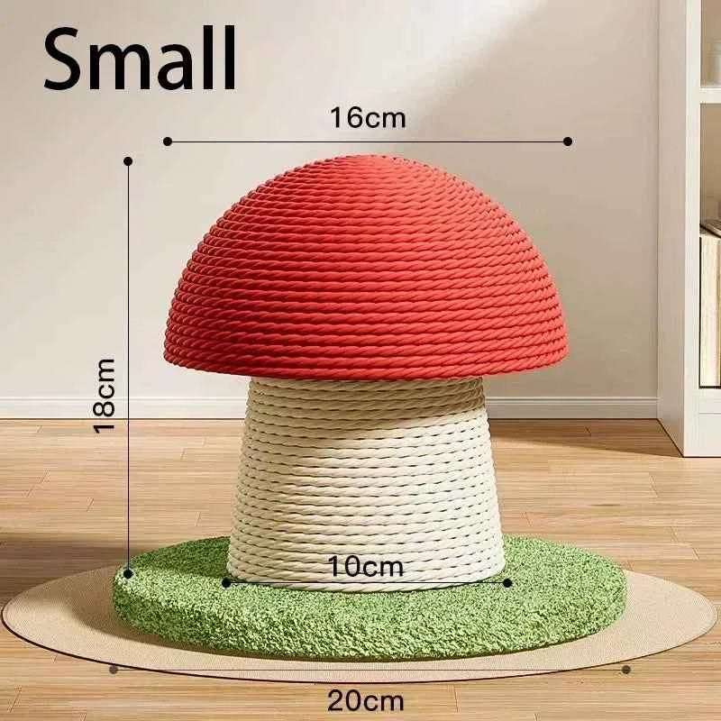 Small mushroom cat scratching board: red cap, beige sisal post, green base (16cm).