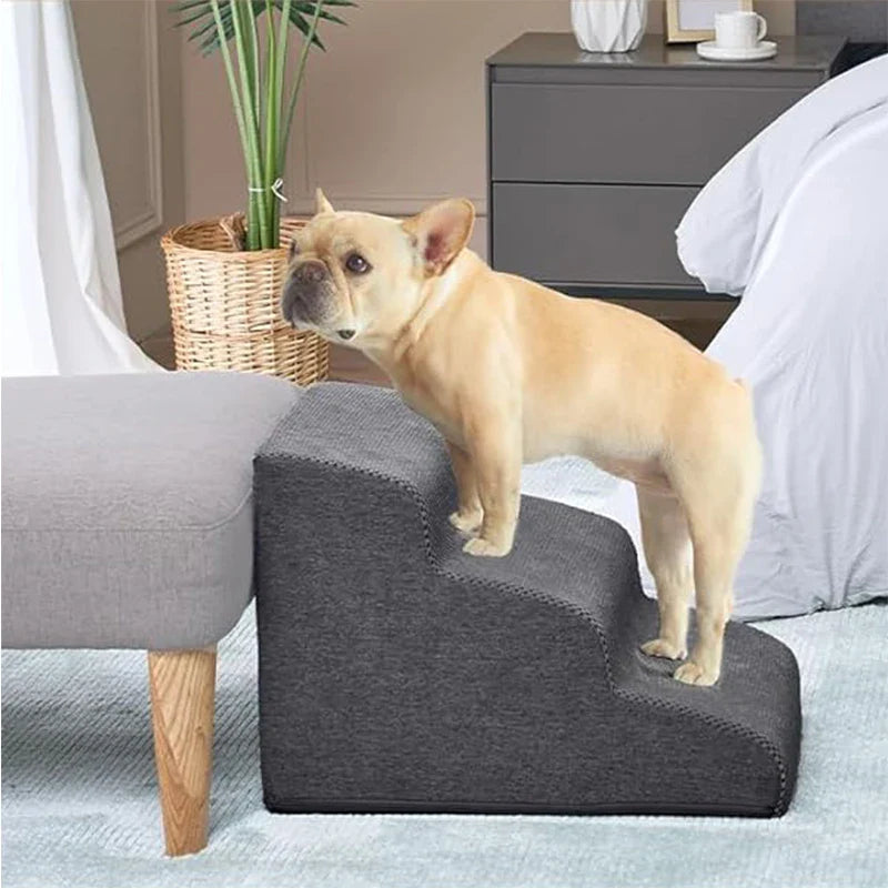 Dark gray 3-step pet stairs with textured cover and rounded front step edge