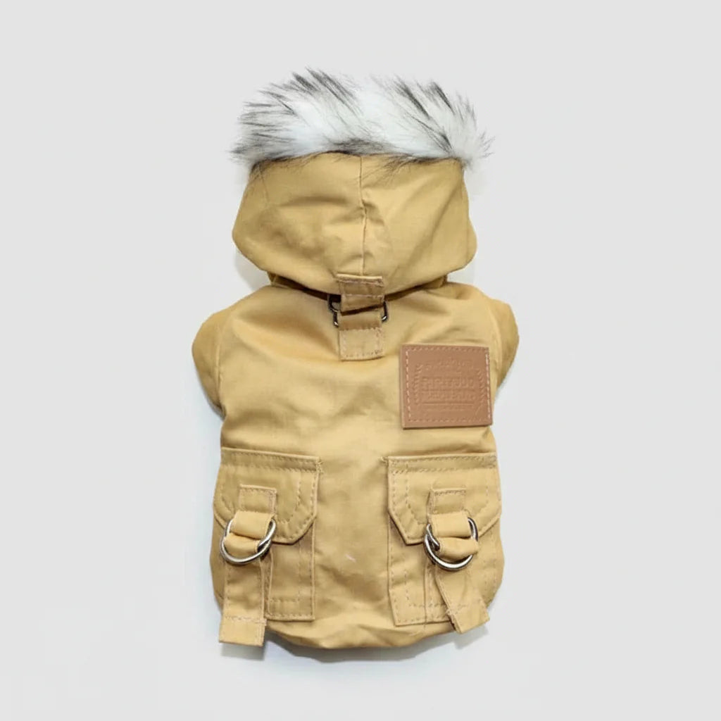 Khaki dog winter coat with faux-fur hood and built-in chest harness straps