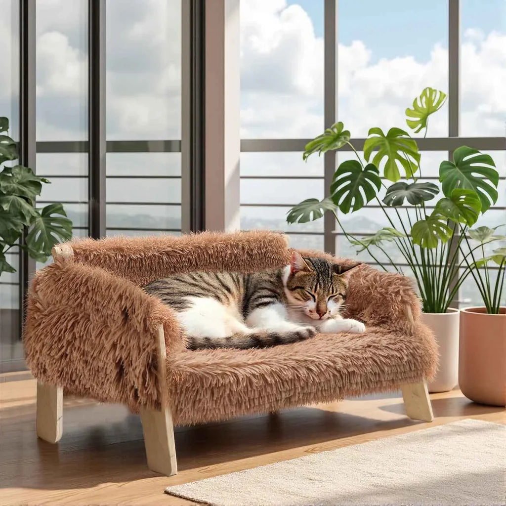 Brown plush raised cat sofa bed with wooden legs; cats curled on cushioned seat