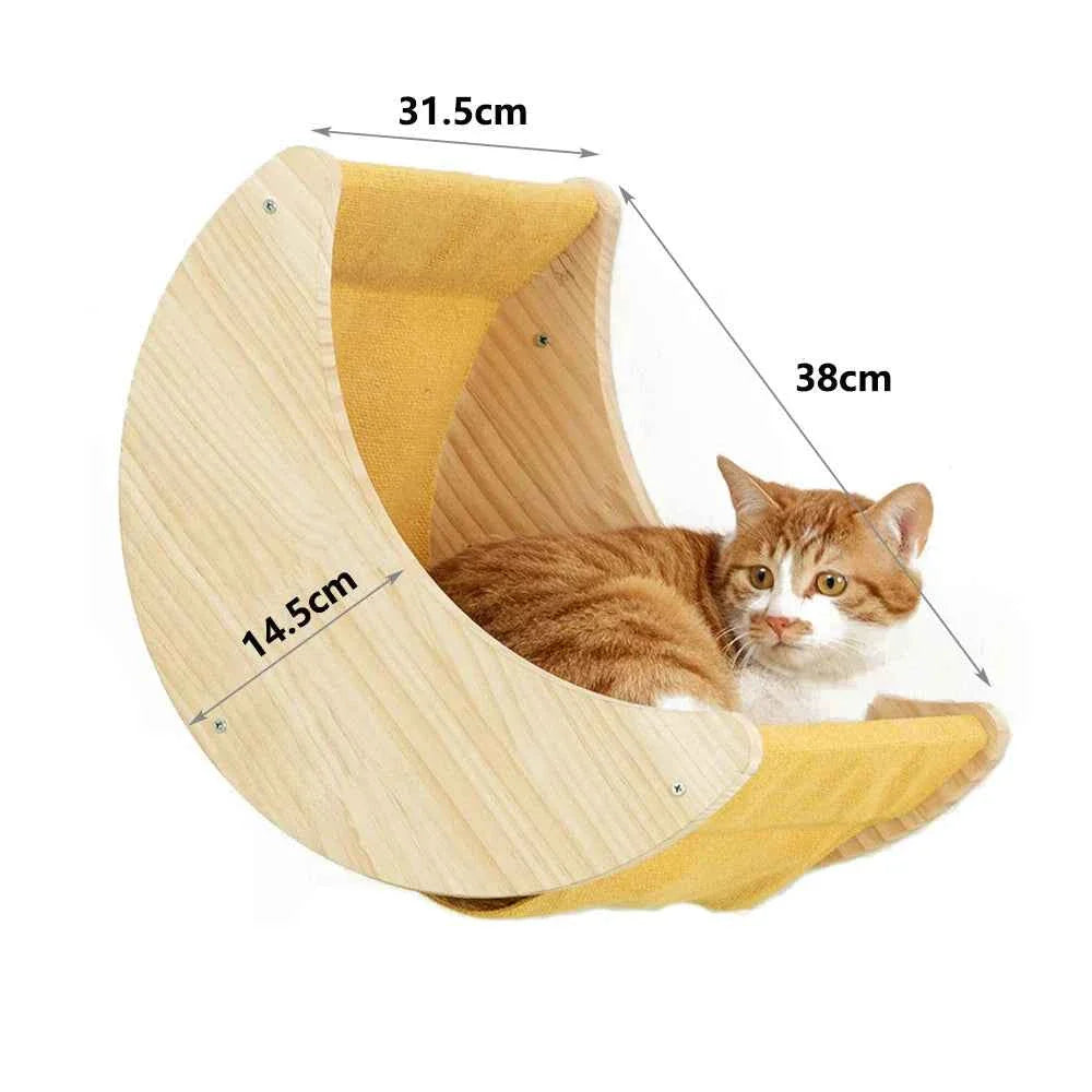 Curved wall-mounted cat hammock bed with wooden frame and tan cushioned insert (size diagram)