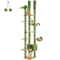 Green sisal cat tree with multiple platforms, hanging balls, and enclosed doorway