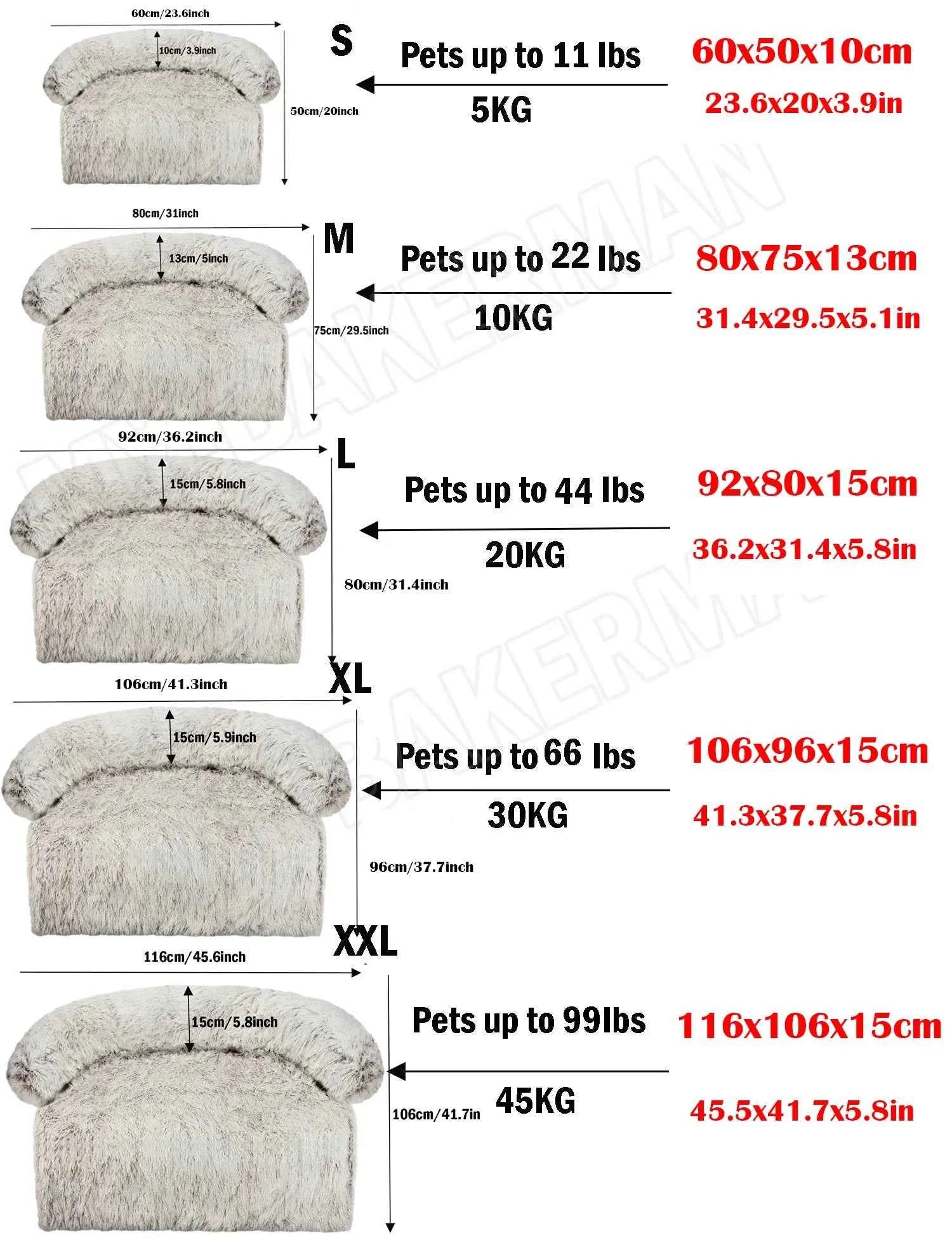 Dog bed size chart showing S–XXL options, pet weight limits, and dimensions