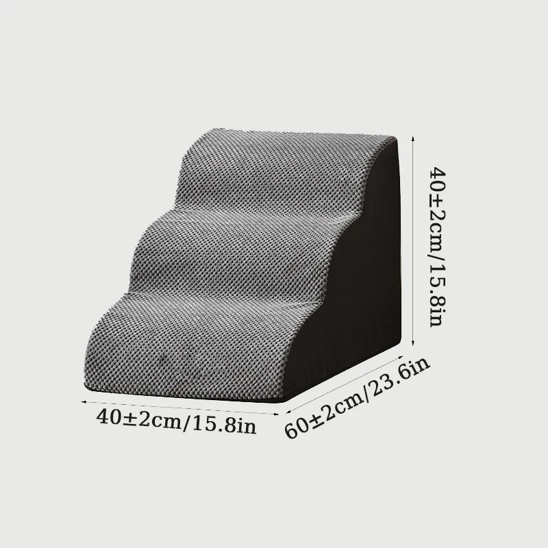 Dark gray 3-step pet stairs with textured surface and thick padded side panels