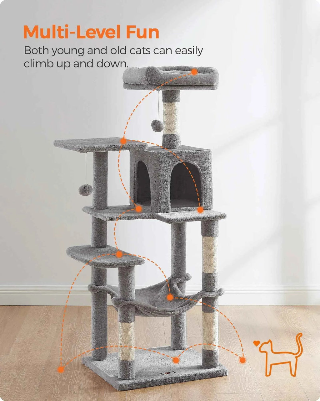 Gray multi-level cat tree with hammock, enclosed house, and multiple scratching posts