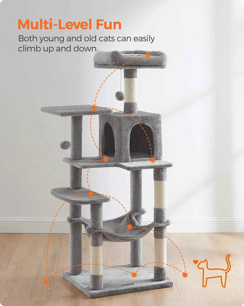 Gray multi-level cat tree with hammock, enclosed house, and multiple scratching posts