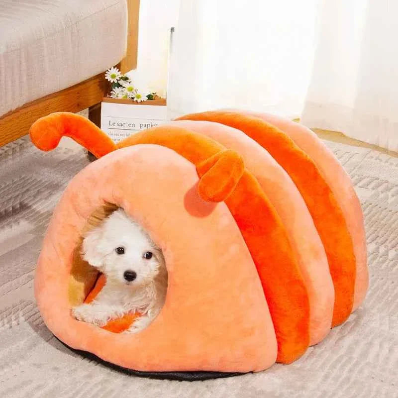 Orange plush caterpillar pet bed tunnel with orange striped body and rounded entrance