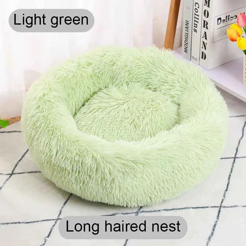 Light green round donut pet bed plush nest with shaggy long-pile fabric