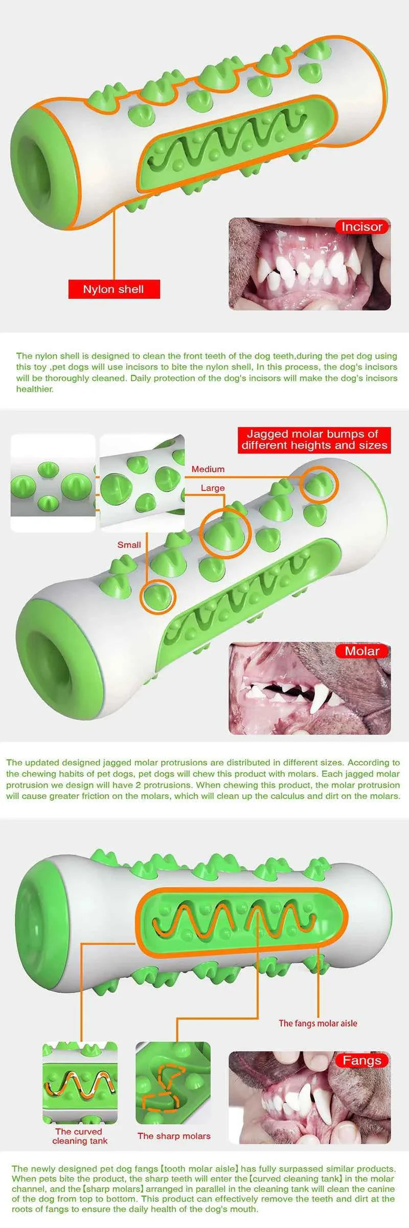 Green chew toy with raised dental ridges and side nubs for cleaning teeth