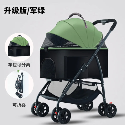 3-in-1 pet stroller carrier with green canopy and black base, four-wheel design