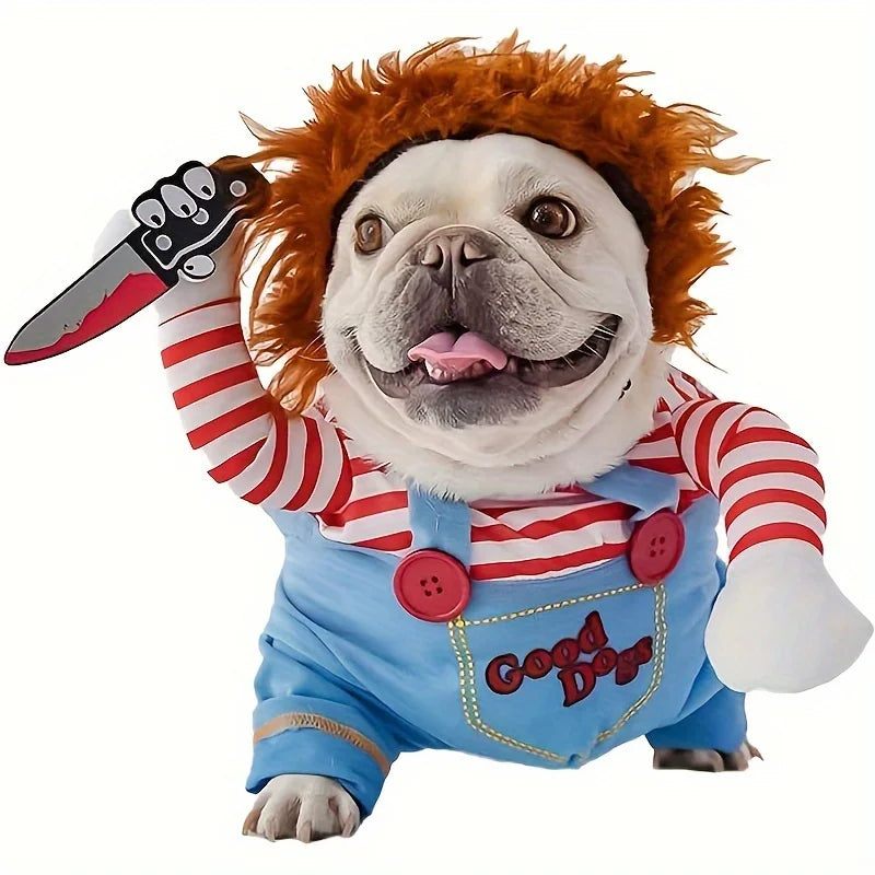 Pet dog costume: blue overalls with red striped sleeves, orange wig, toy knife prop.