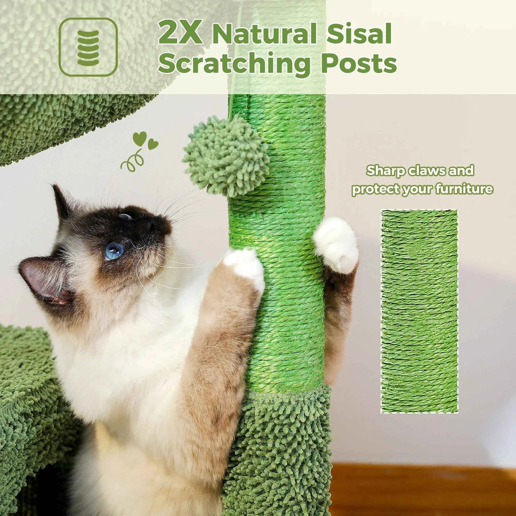 Green sisal scratching post with hanging pom; cat reaching on cactus cat tree