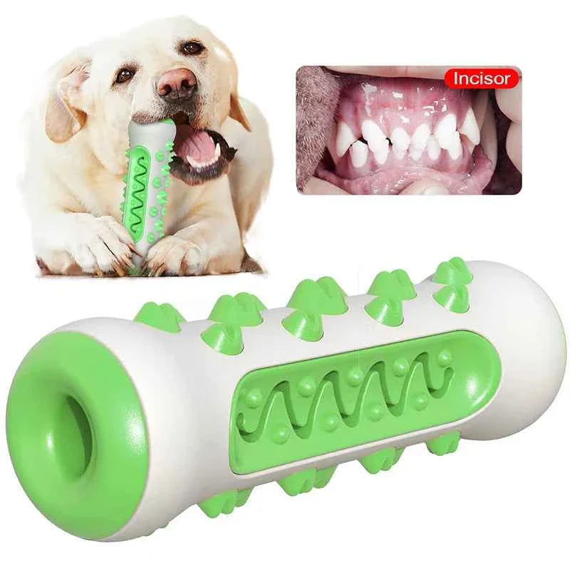 Green chew-resistant rubber dog dental toy with raised ridges and nubs