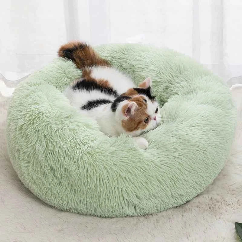 Light green round donut pet bed plush nest with raised rim; cat curled inside