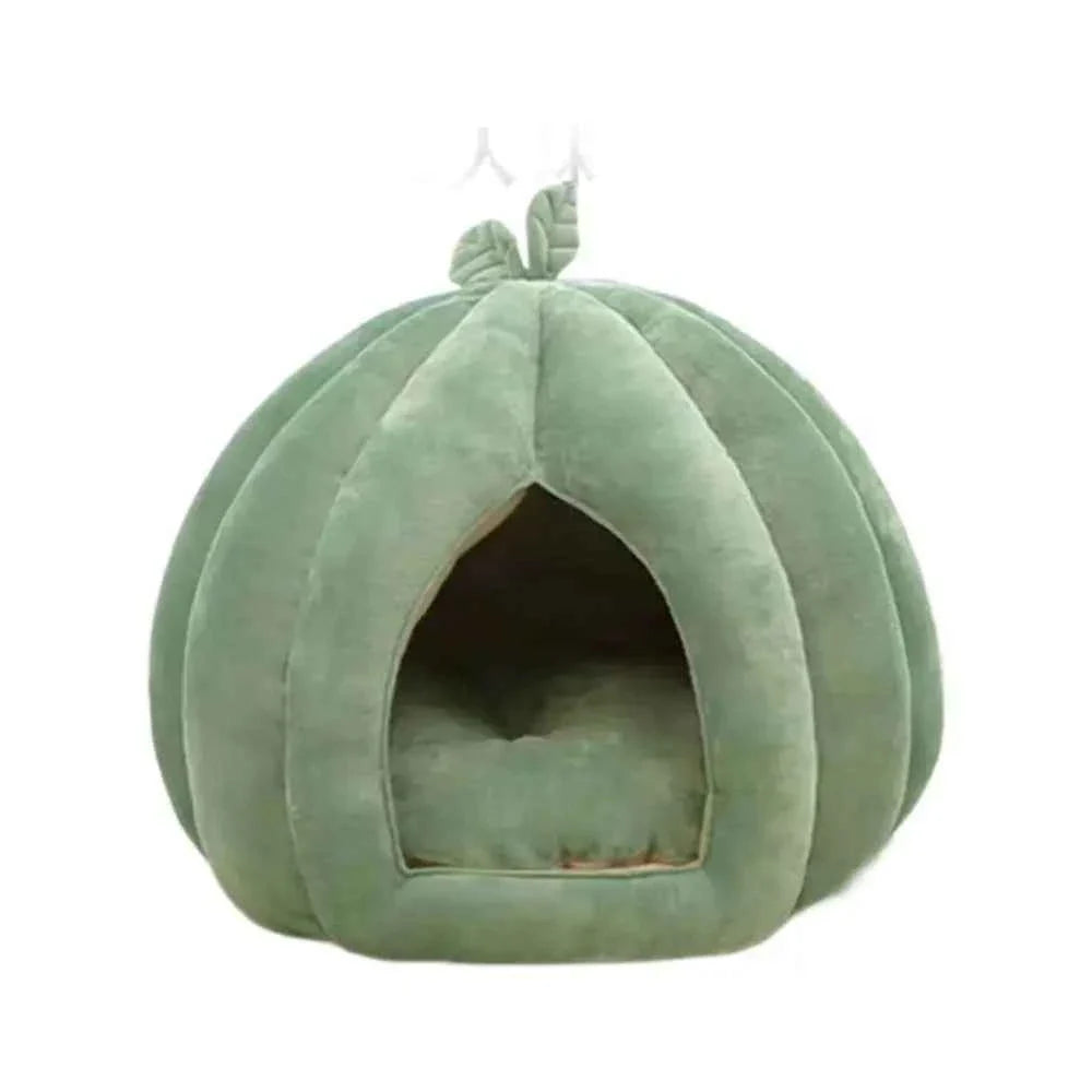 Green pumpkin cat bed with arched tunnel entrance and leaf detail, no pet visible