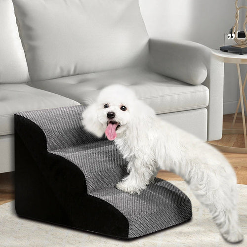 Grey two-step pet stairs ramp with black side panels and non-slip fabric
