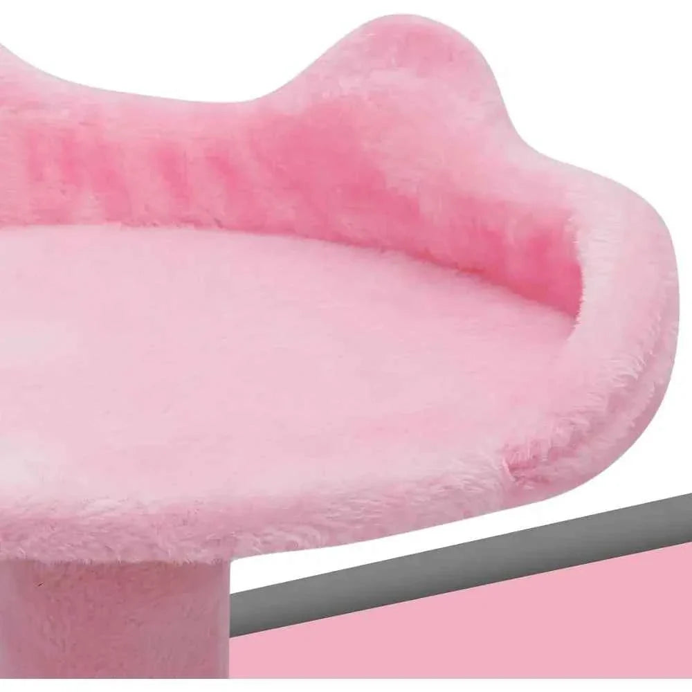 Pink plush top perch with cushioned surface on a tall cat tree