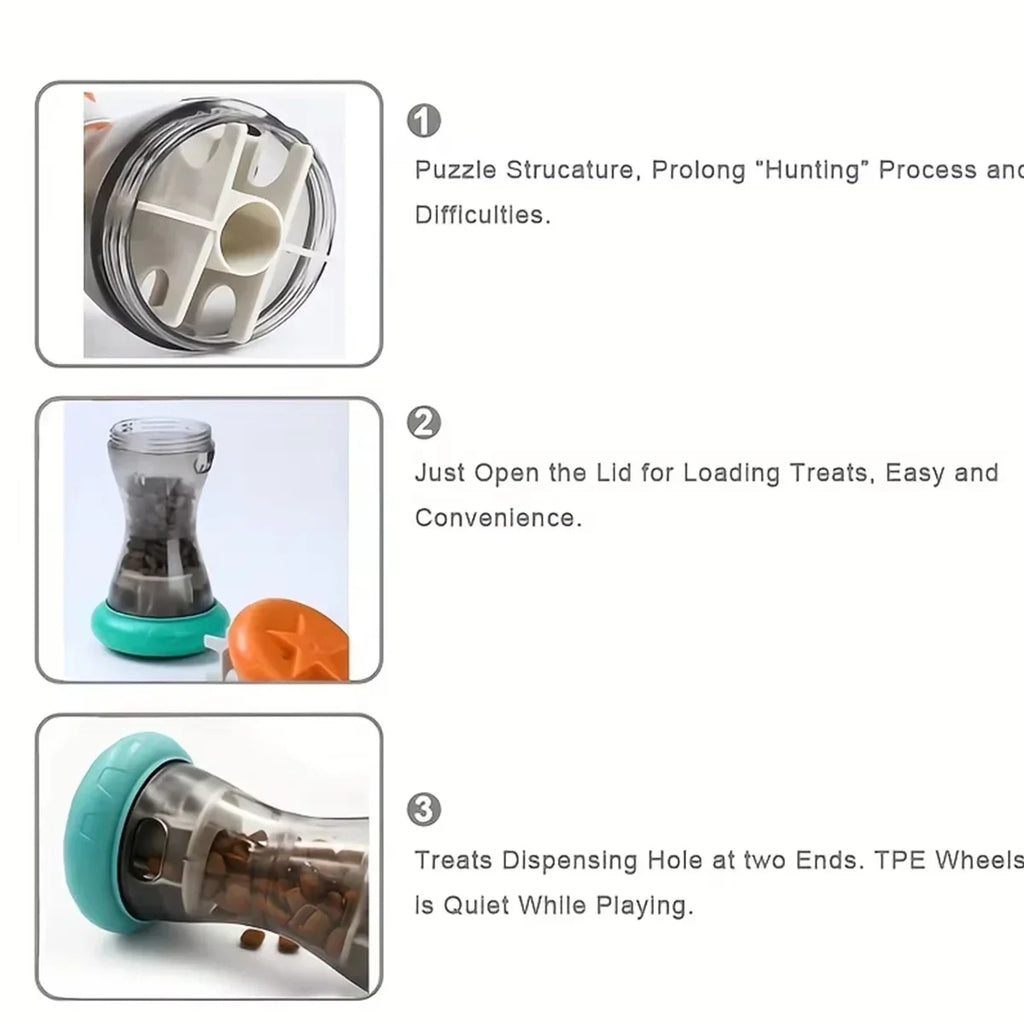 Interactive treat dumbbell toy maze roller insert and open-lid view