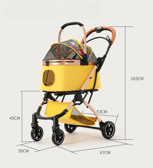 Yellow 3-in-1 pet stroller set with carrier pod, mesh front, and side wheels