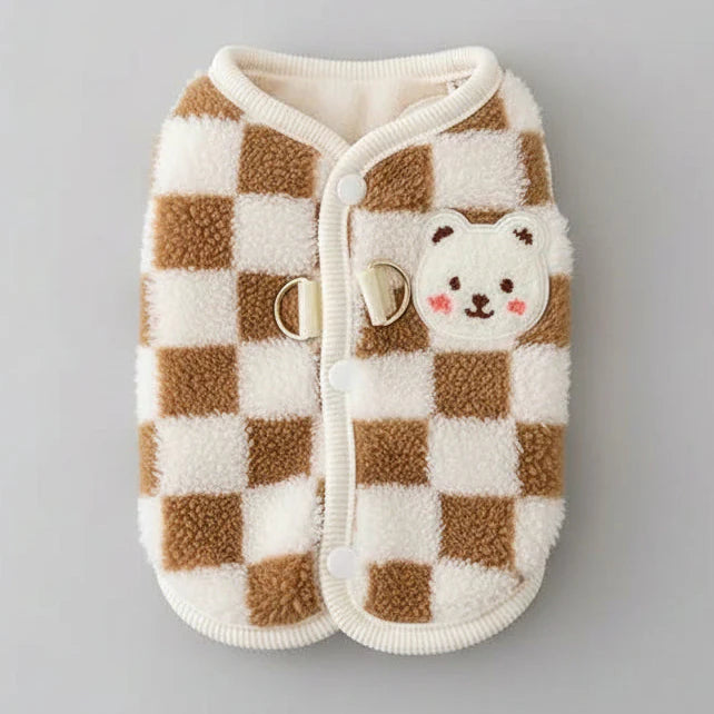 Plaid coffee cat sweater vest with cream trim, button front, and cute bear patch