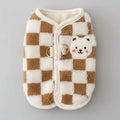 Plaid coffee cat sweater vest with cream trim, button front, and cute bear patch
