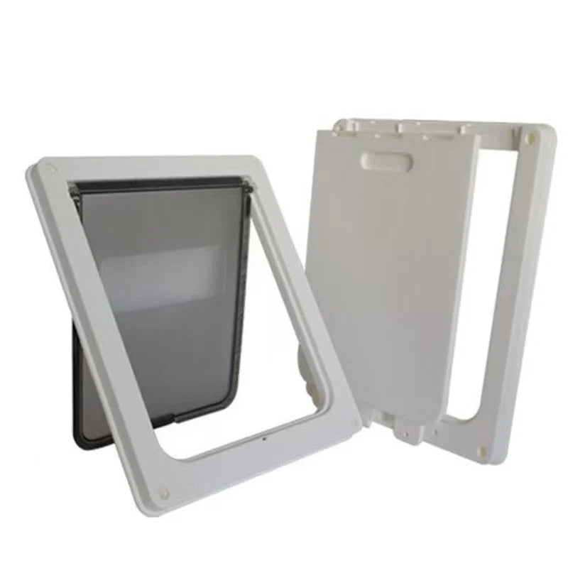 Lockable pet door with frosted privacy flap, white frame with hinged flap open