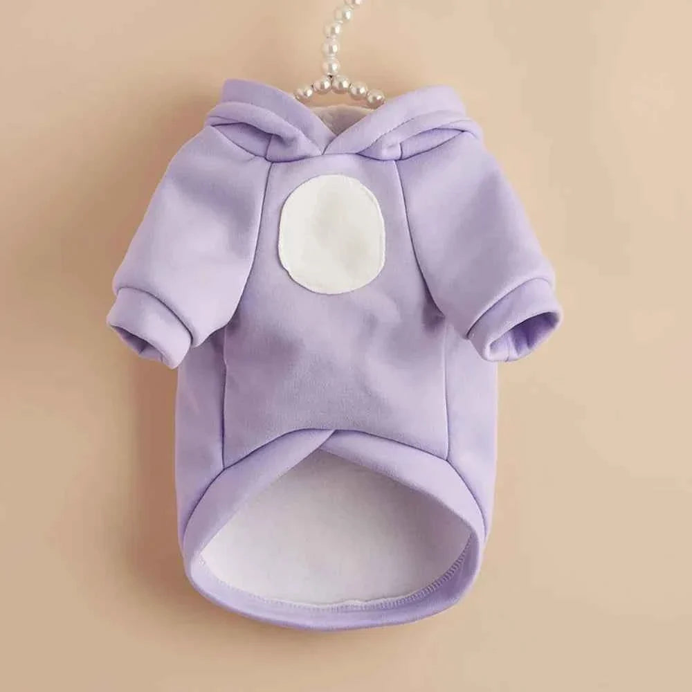 Lavender hoodie with white round cat patch on chest and rolled-sleeve cuffs