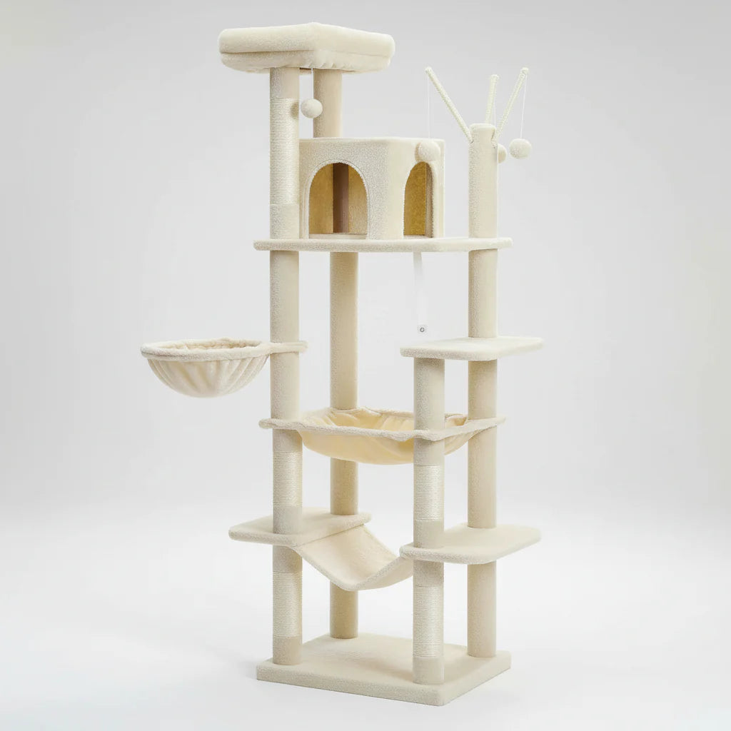 6–7 ft cat tree tower in light cream plush with cube condo, platforms, and hanging ball