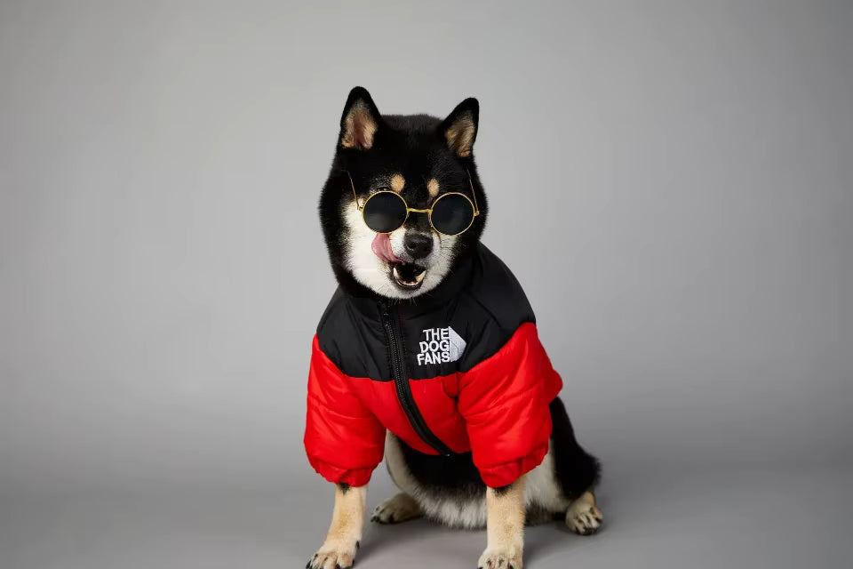 Red & black padded dog vest jacket with zipper front and logo patch, side view