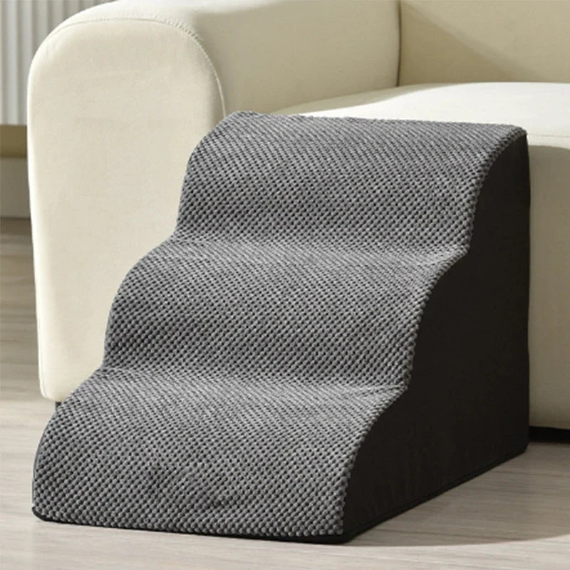 Dark gray 3-step pet stairs with textured fabric and sloped step treads