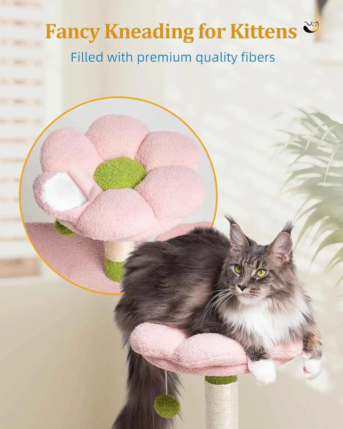 Gray cat kneading on round pink flower perch atop green sisal post