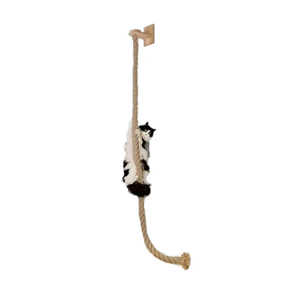 Wall-mounted sisal climbing rope with wooden top bracket and dangling end